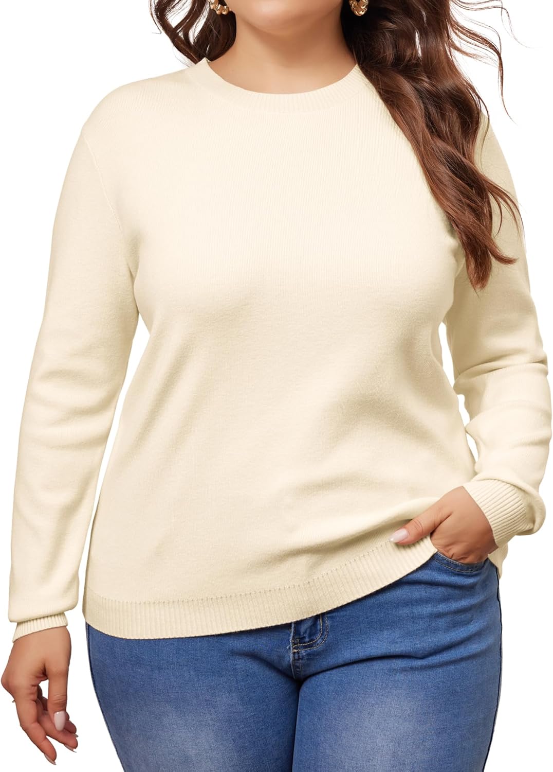 Agnes Orinda Plus Size Sweater for Women Long Sleeve Crewneck Shirts 2024 Fall Knit Casual Basic Tee Tops