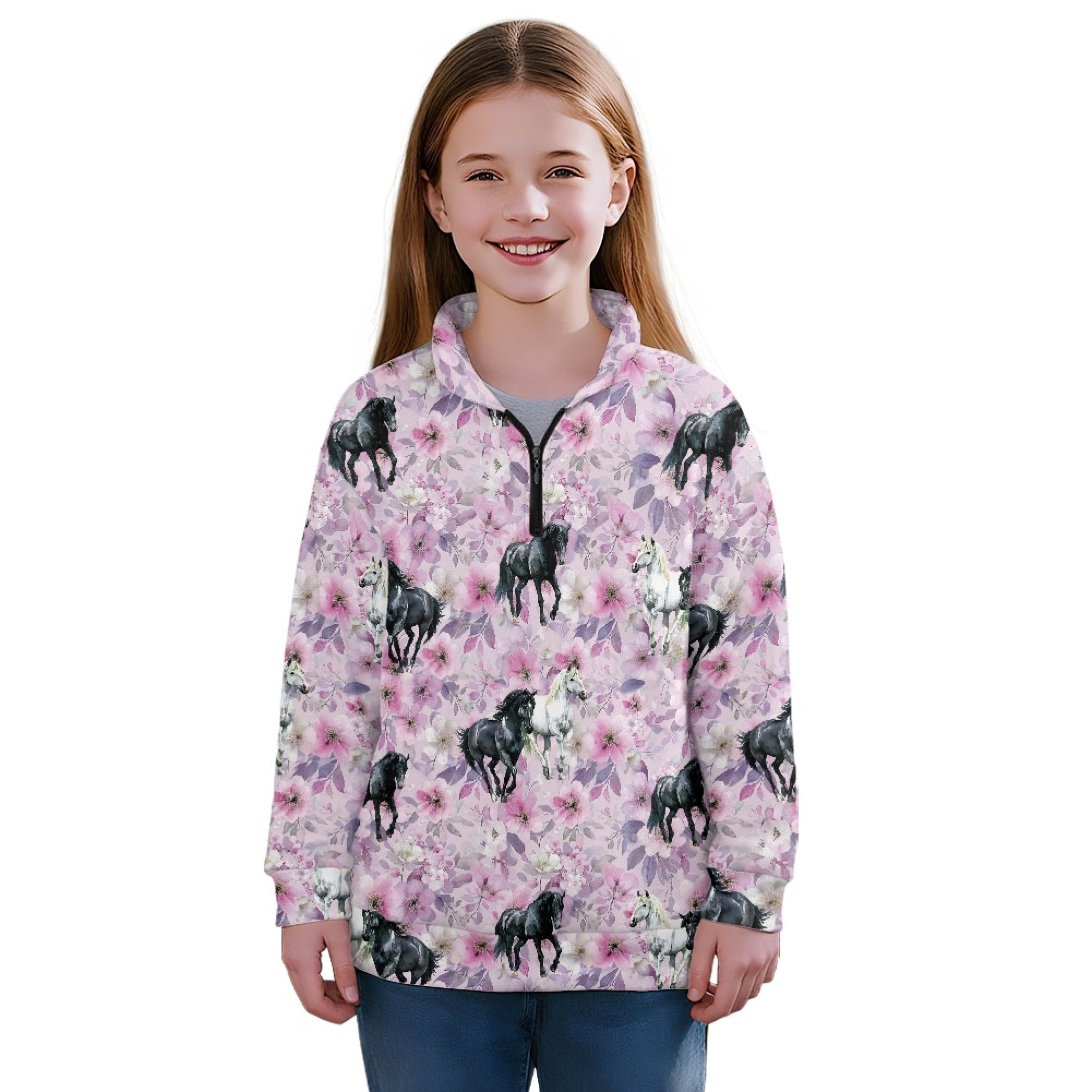 AmzPrint Girls Quarter Zip Jackets Long Sleeve Pullover Novelty Athletic Running Graphic Hoodies For Big Girls