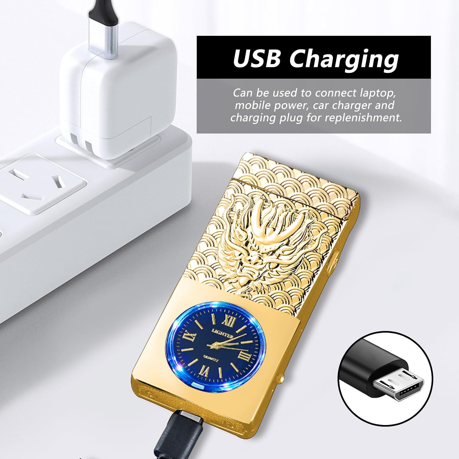 Electric Lighter USB Rechargeable Lighter, Windproof Plasma Dual Arc Lighters, Flameless Cool Clock Lighters with LED Battery Indication for Candles, Incense Stick, Outdoor Use (Gold, Dragon)