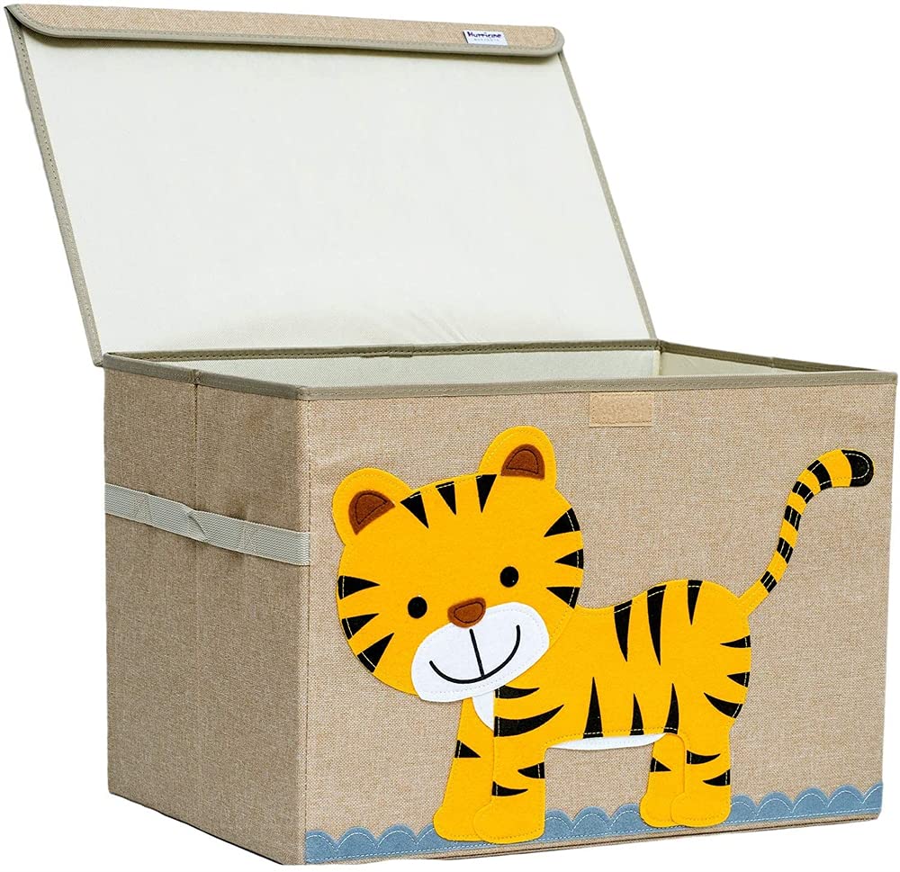 ELECDON Large Toy Chest, Canvas Soft Fabric Children Toy Storage Bin Basket With Flip top Lid. Toy Box for Kids, Boys, Girls, Toddler and Baby Nursery (Tiger)
