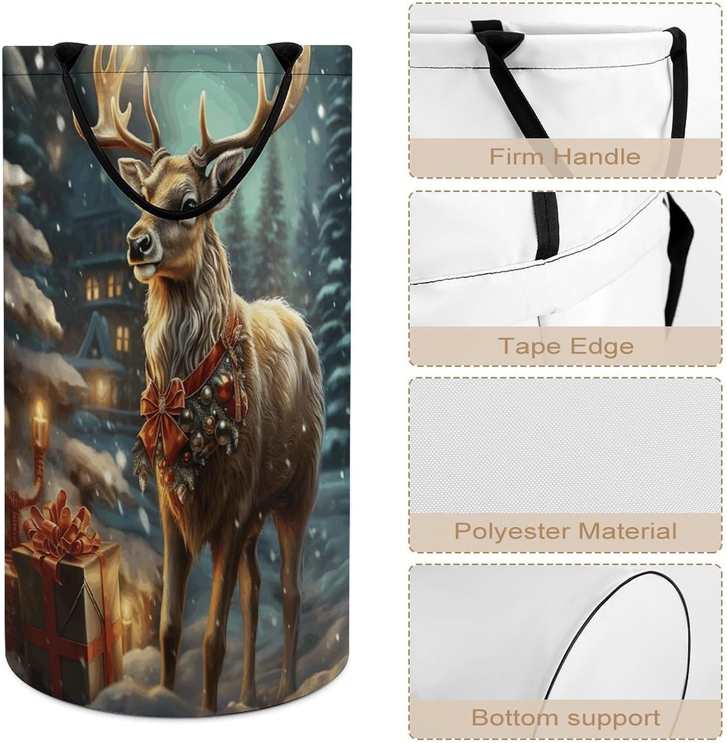 Christmas Gift Reindeer Large Laundry Basket with Hand Strap,Dirty Clothes Storage Bag, Easy Carry Laundry Hamper for Bathroom Bedroom Laundry Room
