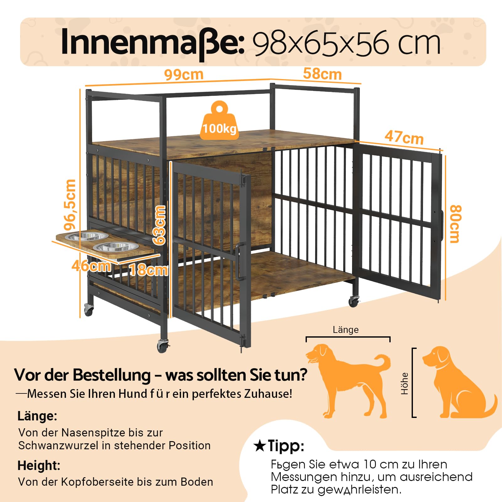 Hundekäfig Möbel mit Lagerregal, 99x58x96,5cm, Hundebox Möbel mit 360° Drehbaren Hundenäpfen und mit Rädern, Hochbelastbarer Hundekäfig für Zuhause, Hundeschrank für große und mittlere Hunde