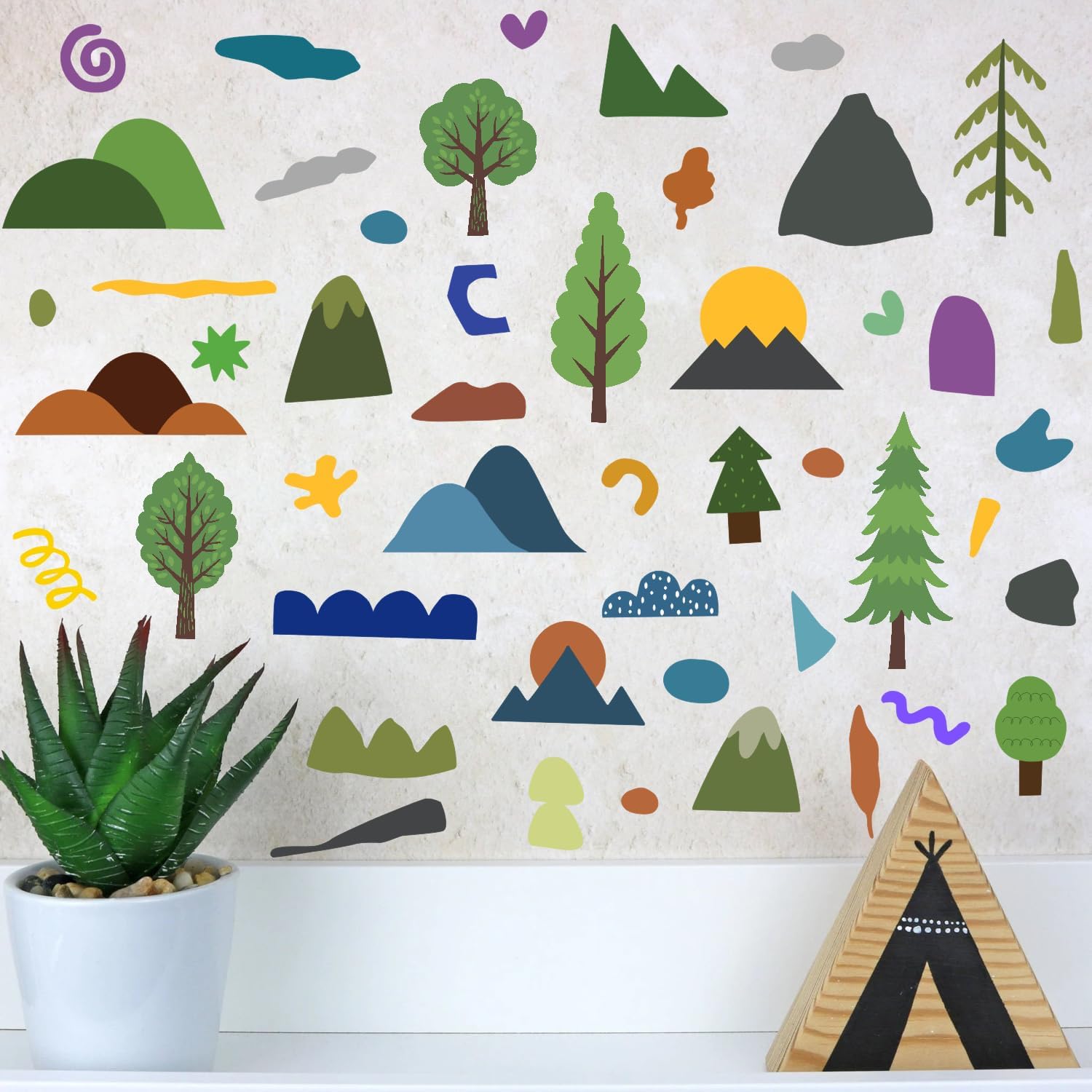 Colorful Abstract Tree Wall Sticker, Mountain Forest Shape Decals