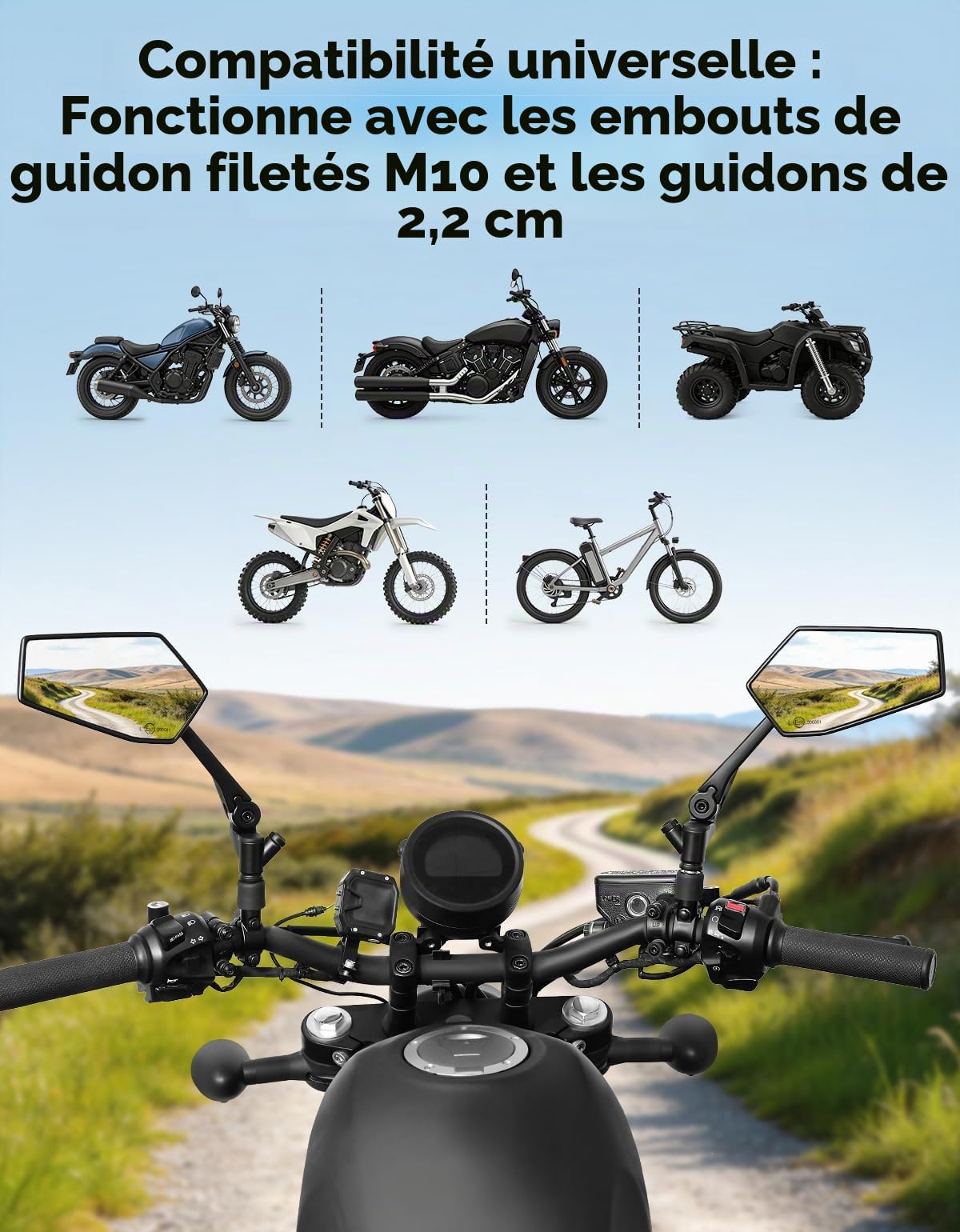 KEMIMOTO Rétroviseurs Moto Homologués avec Base de Fixation Téléphone, 2 Rétroviseur Moto Universels M10, 7/8" 22 mm Pliables Rétroviseurs Latéraux Alliage D'aluminium pour Scooter Roadsters Quad ATV