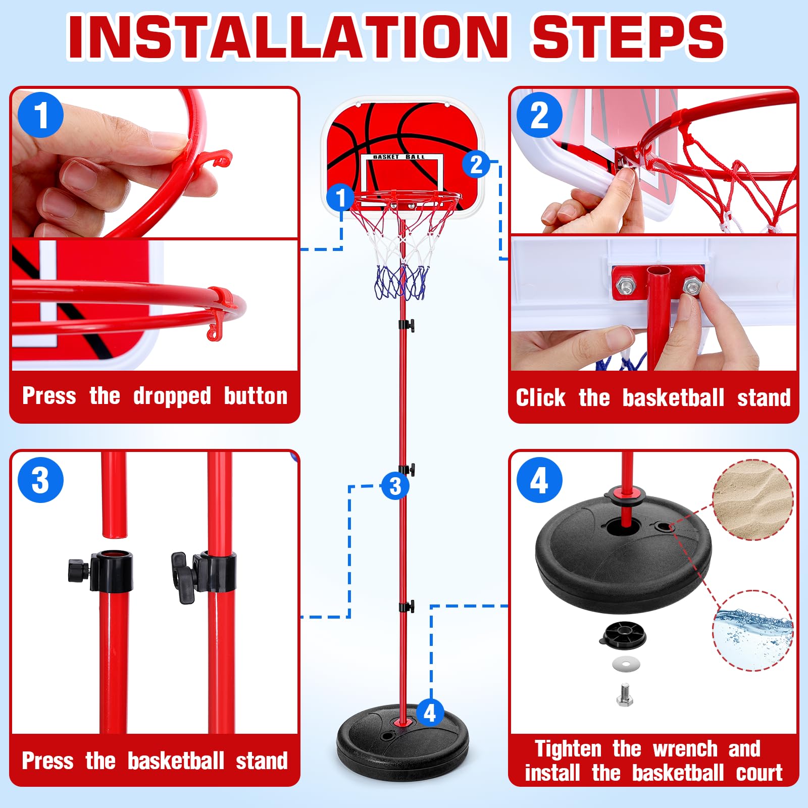 Canasta de baloncesto infantil, mini canasta de baloncesto, incluye 2 pelotas de baloncesto, fácil montaje, canasta de baloncesto ajustable en altura para interiores y exteriores, adecuada