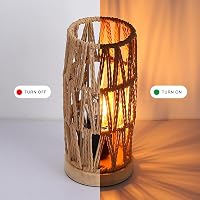 SUNLLOK Boho Éjjeli Lámpa Fa Talppal - Retro Rattan Asztali Lámpa Hálószobába, Vintage Bambusz Olvasólámpa Nappaliba, Gyerekszobába, Irodába 3