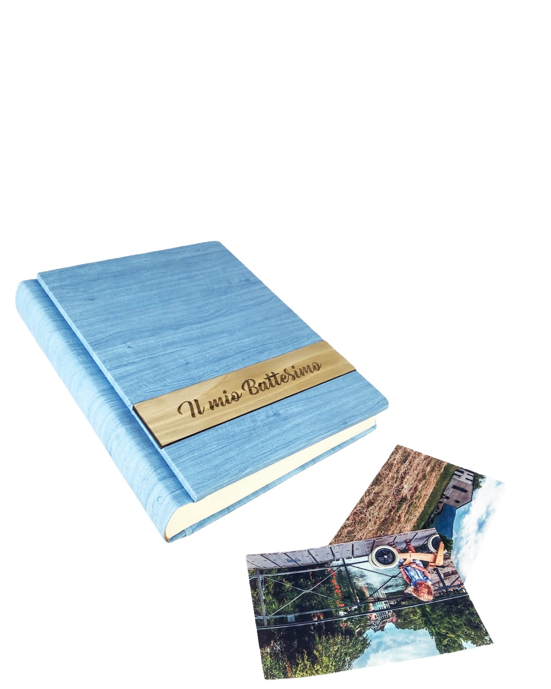 TriVin Art, Álbum de Fotos en Polipiel, con Aplicación de Madera Personalizable con Grabado. Ideal para Bautismo, Boda, Comunión y foto recuerdo.