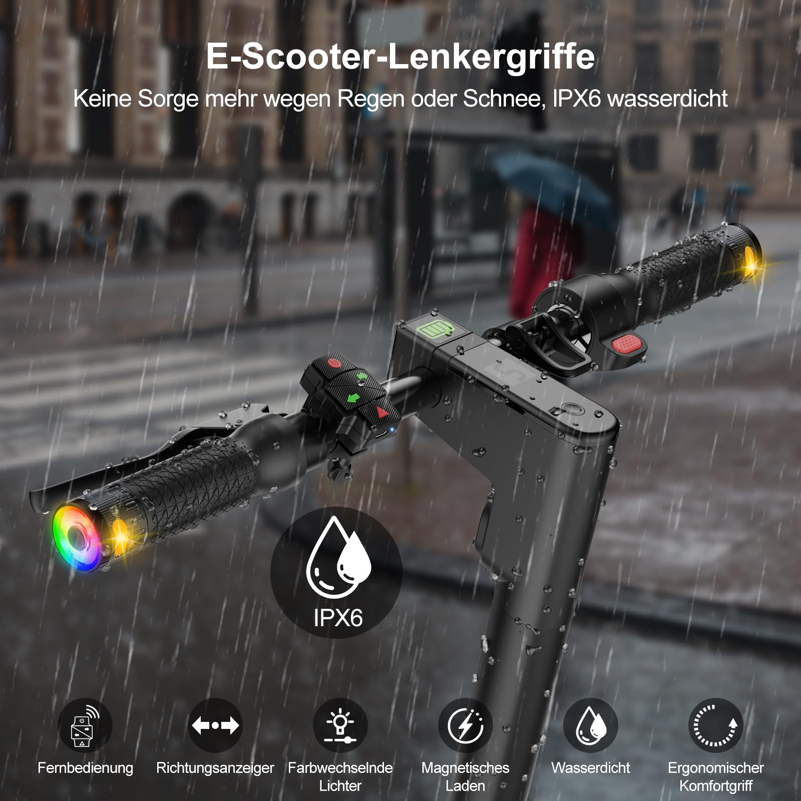 E Scooter Blinker Griff mit Farbwechsel-Lichtern, Roller Blinklicht mit magnetischer Ladestation & Fernbedienung Warnlicht für Xiaomi M365/Pro2/1S, Ninebot G30 Ersatzlenker, Scooter-Zubehör