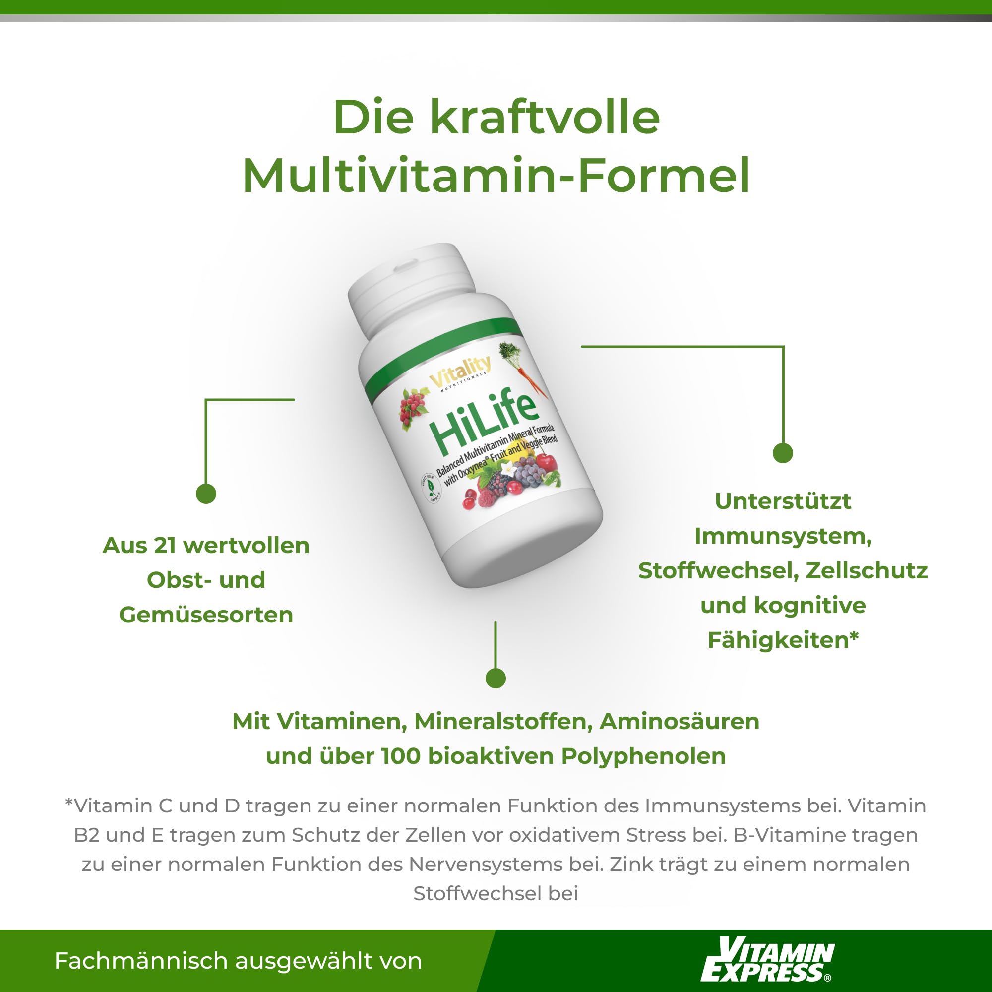 HiLife Multivitamin Kapseln Hochdosiert aus 21 Obst- und Gemüse-Sorten I Vitamine, Mineralstoffe, Spurenelemente, Immunsystem stärken I Vitality Nutritionals by Vitaminexpress