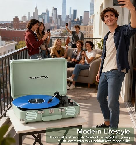 Miniatura 2 de Reproductor de discos de vinilo Bluetooth, tocadiscos portátil de 3 velocidades con altavoces de graves integrados, reproductor LP de maleta