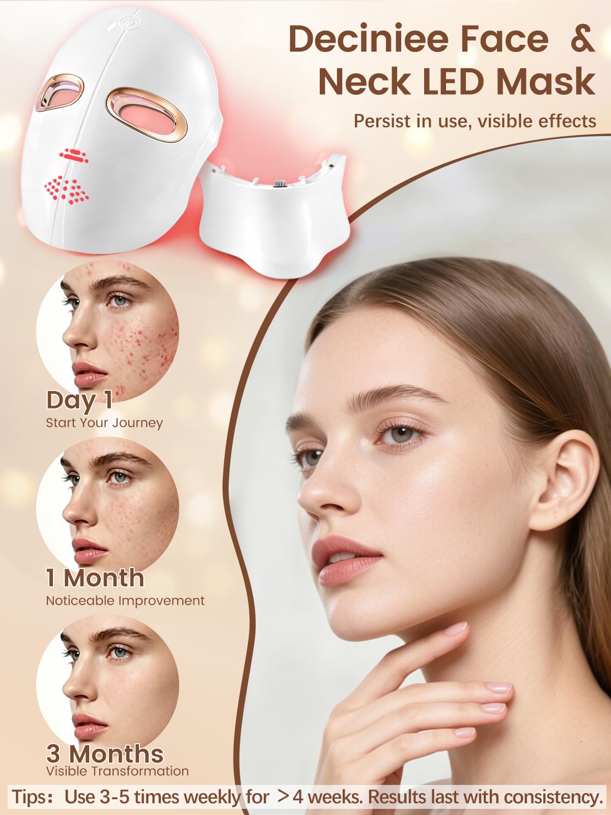Deciniee Rotlichttherapie-Maske, Hautpflege: LED-Gesichtsmaske und Nackenmaske, 7 Farben, LED-Maske, kabellos, Anti-Aging und Hydratation für strahlende Haut, Gesichtshaut & Beauty-Geschenke
