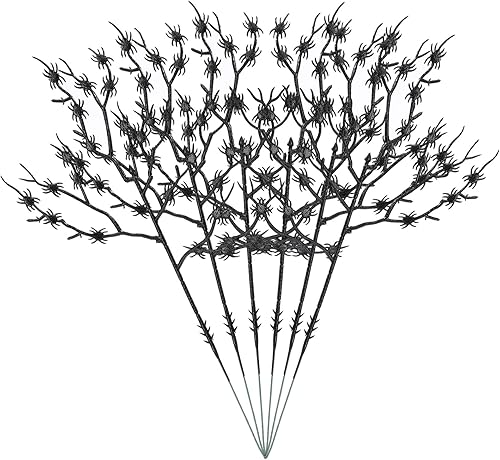 Miniatura 8 de 6 ramos de arañas negras de Halloween, tallos de arañas artificiales negras, ramas de arañas de plástico de 11 pulgadas con tallos largos, púas