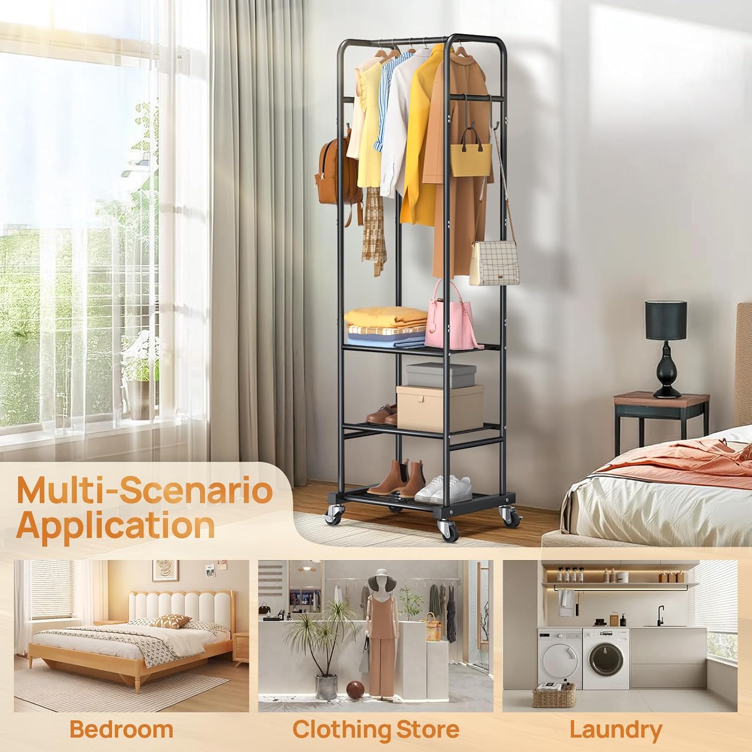 Clothes Rack with Wheels, Freestanding Garment Rack with 3 Metal Shelves for Hanging Clothes, Portable Hanging Rod for Small Room, Bedroom, Bathroom (Black)