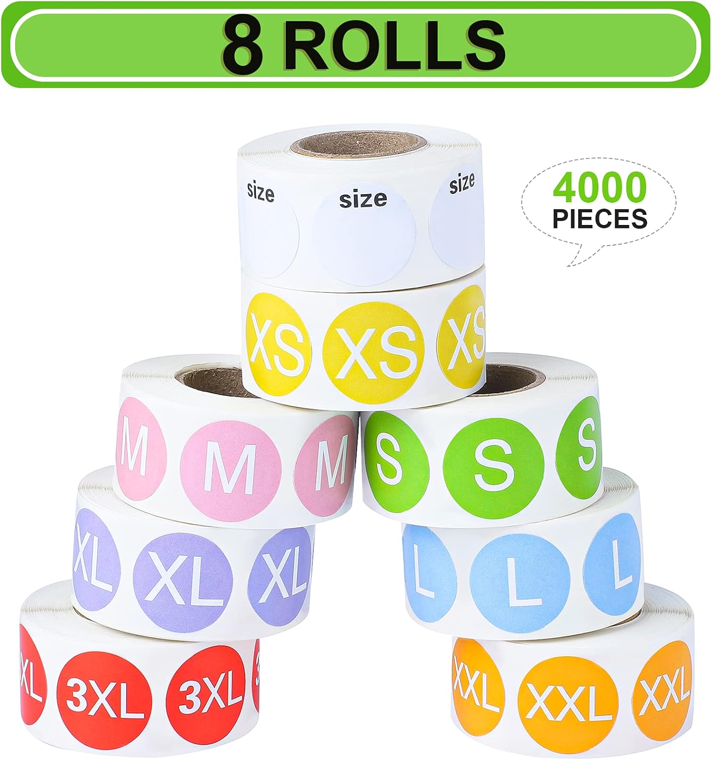 Elcoho 4000 Pieces Clothing Size Sticker Labels Round Color Stickers with Black Text 8 Rolls 7 Sizes and One Roll Blank Size Stickers thumbnail