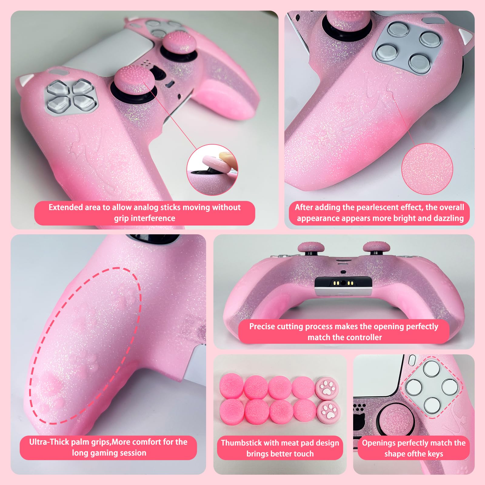 Funda Protectora de Silicona Antideslizante con Purpurina de Gato Rosa Compatible con Controlador PS5/Slim/Pro, 8 Tapas de Agarre para Pulgar con Purpurina y 2 Tapas de Agarre de Patas.