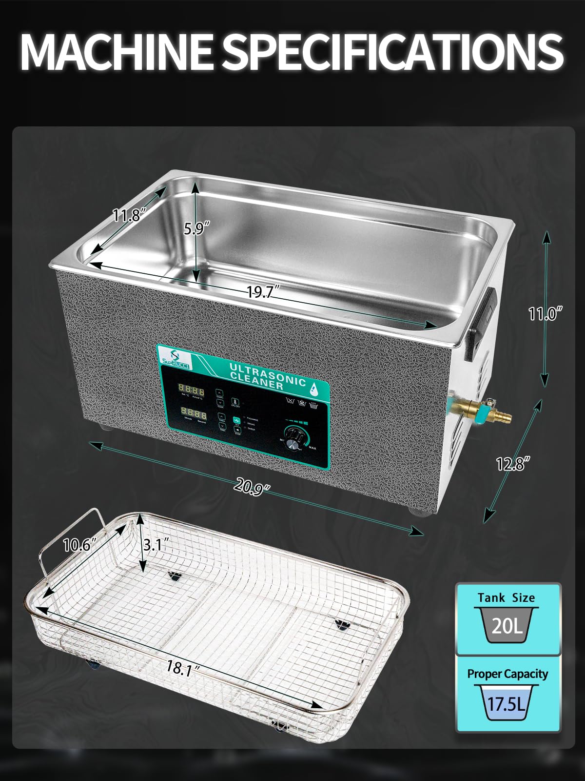 Limpiador ultrasónico de 20 l con potencia y barrido ajustable, limpiador ultrasónico de 480 W, temporizador y calentador digital, limpiador de piezas de alta resistencia para herramientas