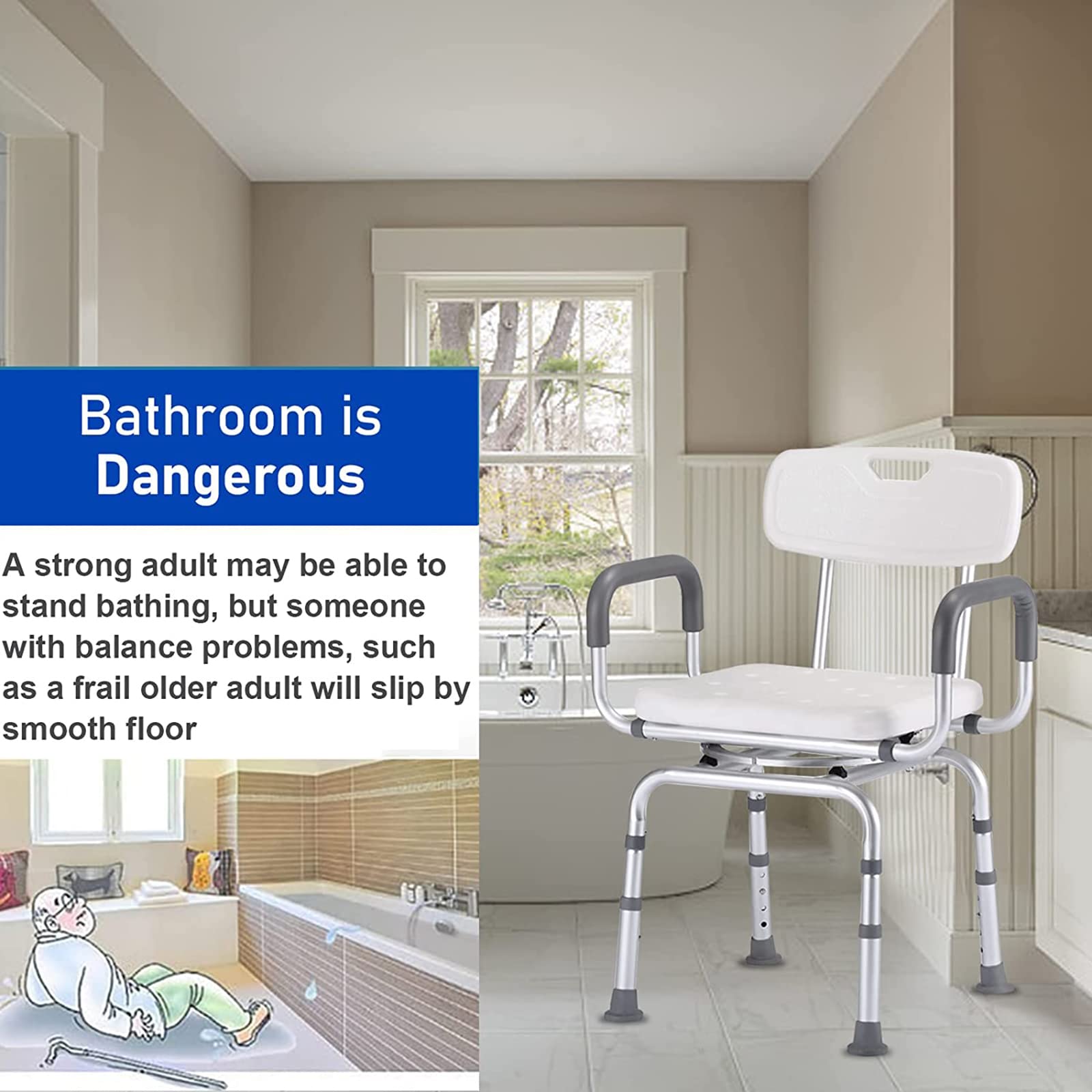 Silla de ducha giratoria de 360° para ancianos con rieles – Sillas de baño antideslizantes con respaldo – Asiento de ducha ajustable resistente y taburete para personas mayores – Seguro y cómodo