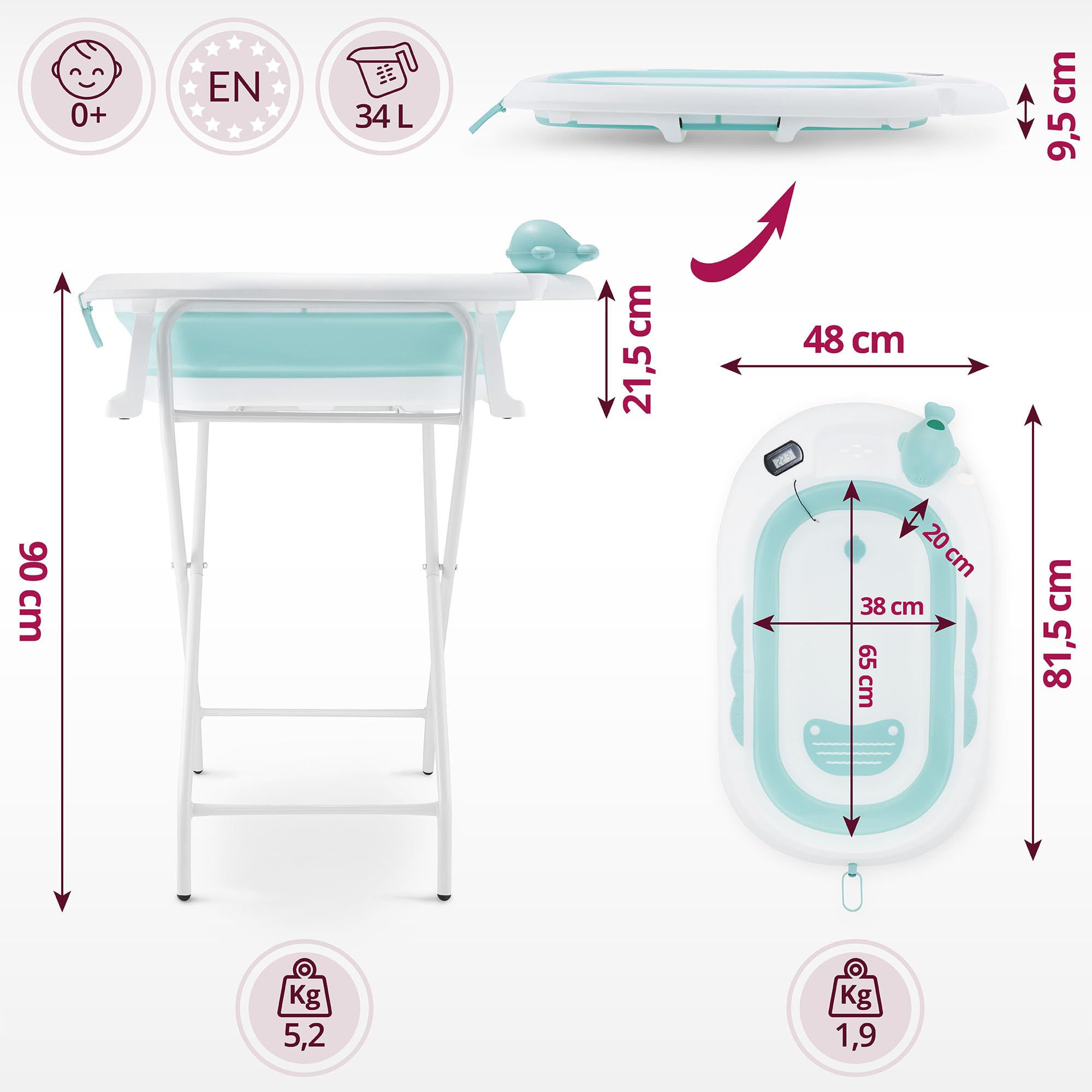 Moby-System Bañera Bebé Plegable con Termómetro LCD Incluye Inserto Soporte Alto y Bajo Vasito de Ballena – Compacta y Segura desde Recién Nacido – Menta