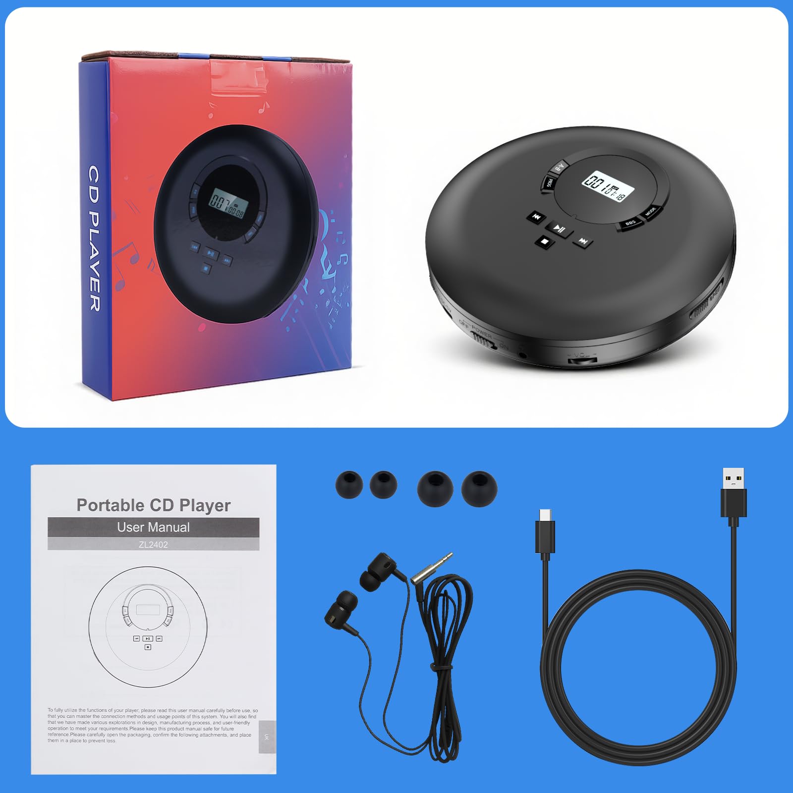 Gueray Lettore CD Portatile Hifi con display stereo cd Lettore CD con cuffie Supporto PROG ASP Funzione di memoria Funzione di ripetizione A-B Effetto BASSO