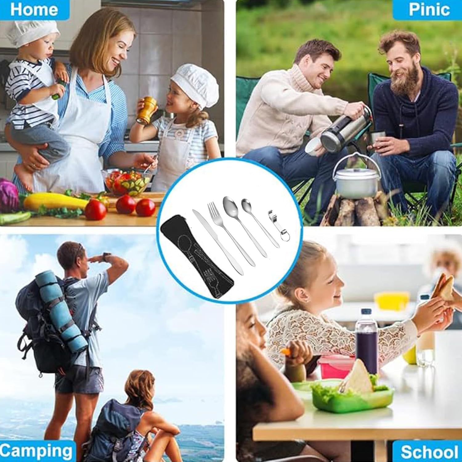 4 Personen Campingbesteck Set,Reisebesteck mit Etui,Besteck für Unterwegs,Edelstahl Besteck für Outdoor Camping Picknick Schule（Black）