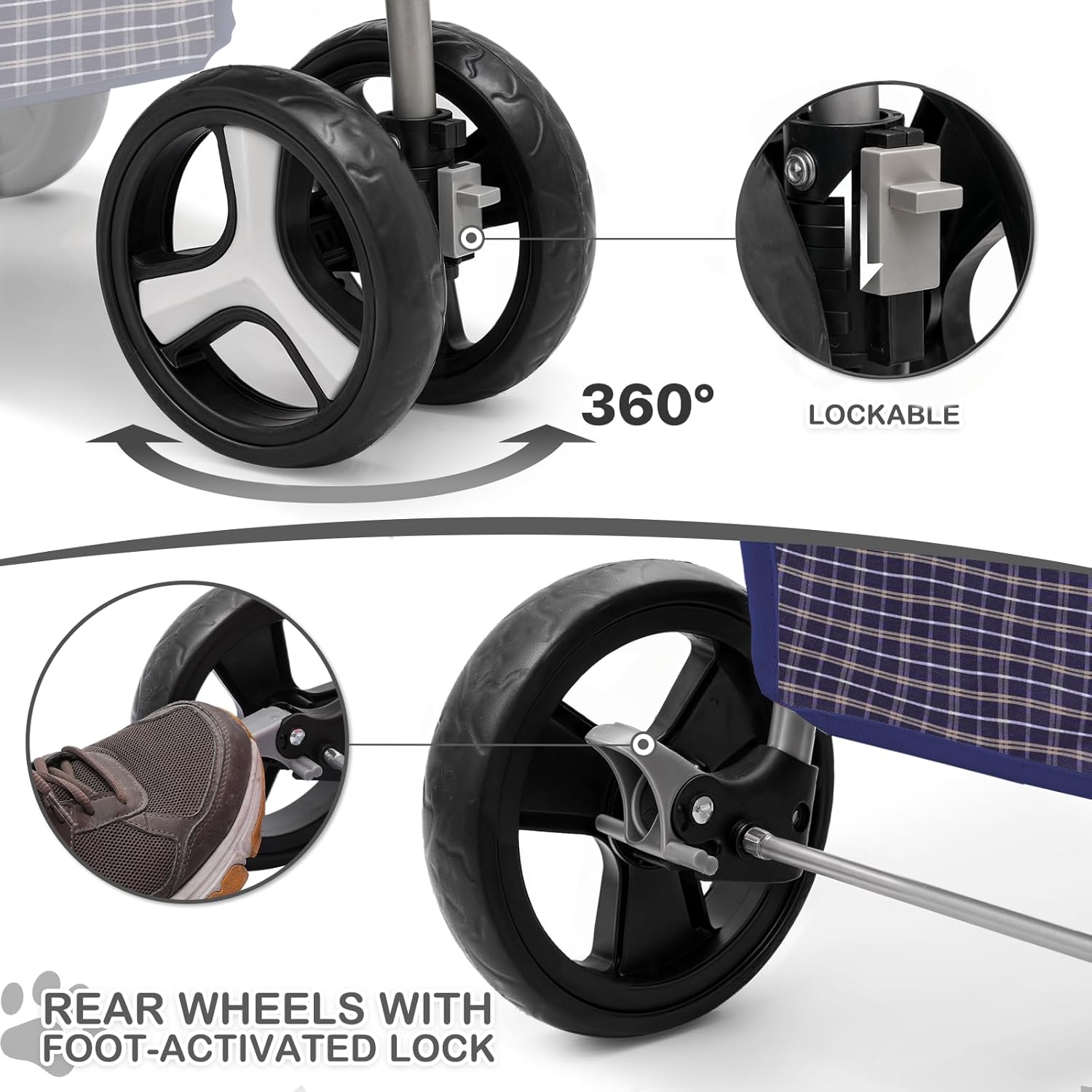 Plaid Foldable Dog Stroller with Storage and Cup Holder
