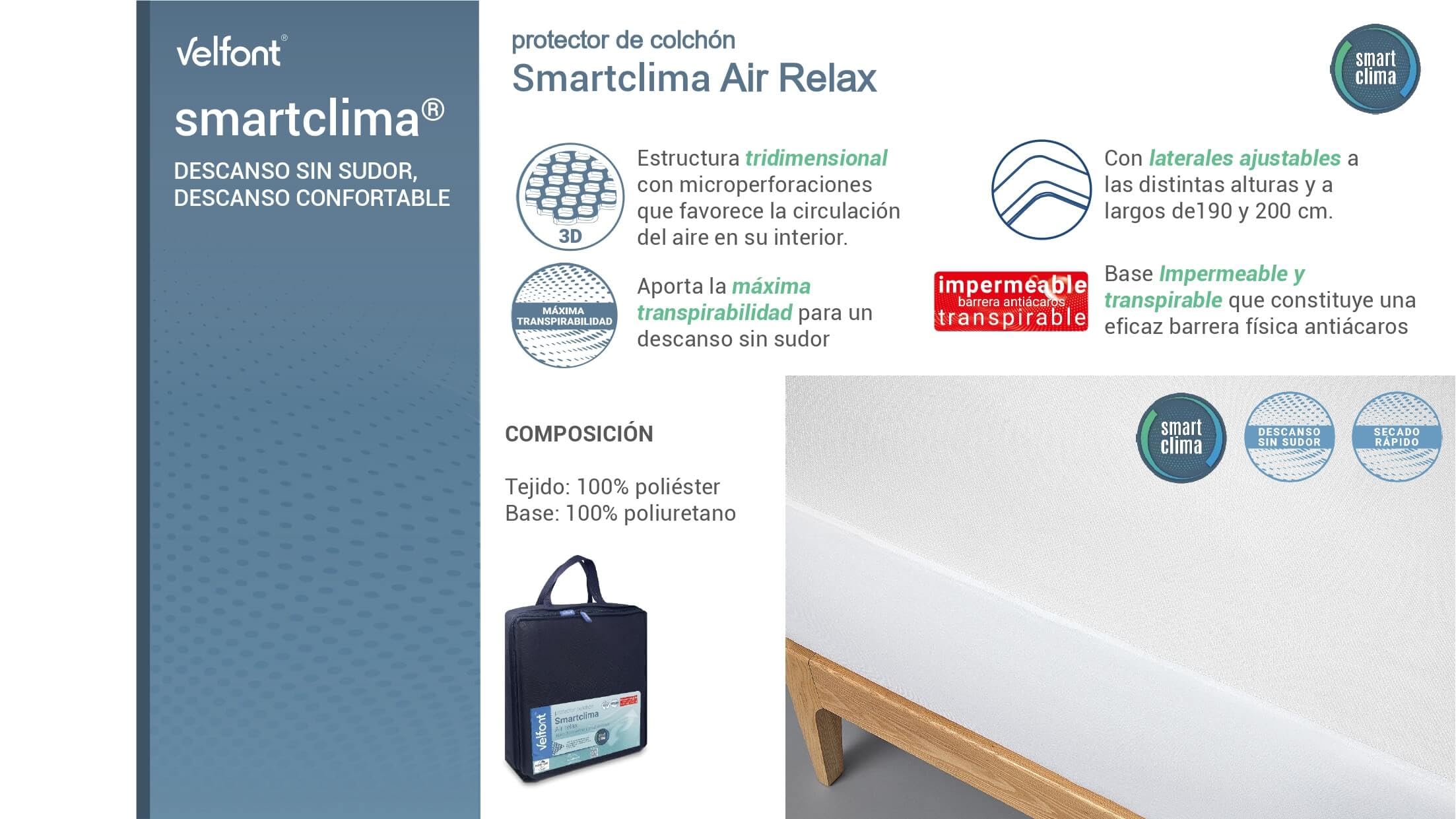 Velfont Protector de Colchón Smartclima Air Relax, Tejido 3D Transpirable, Impermeable, 150 cm