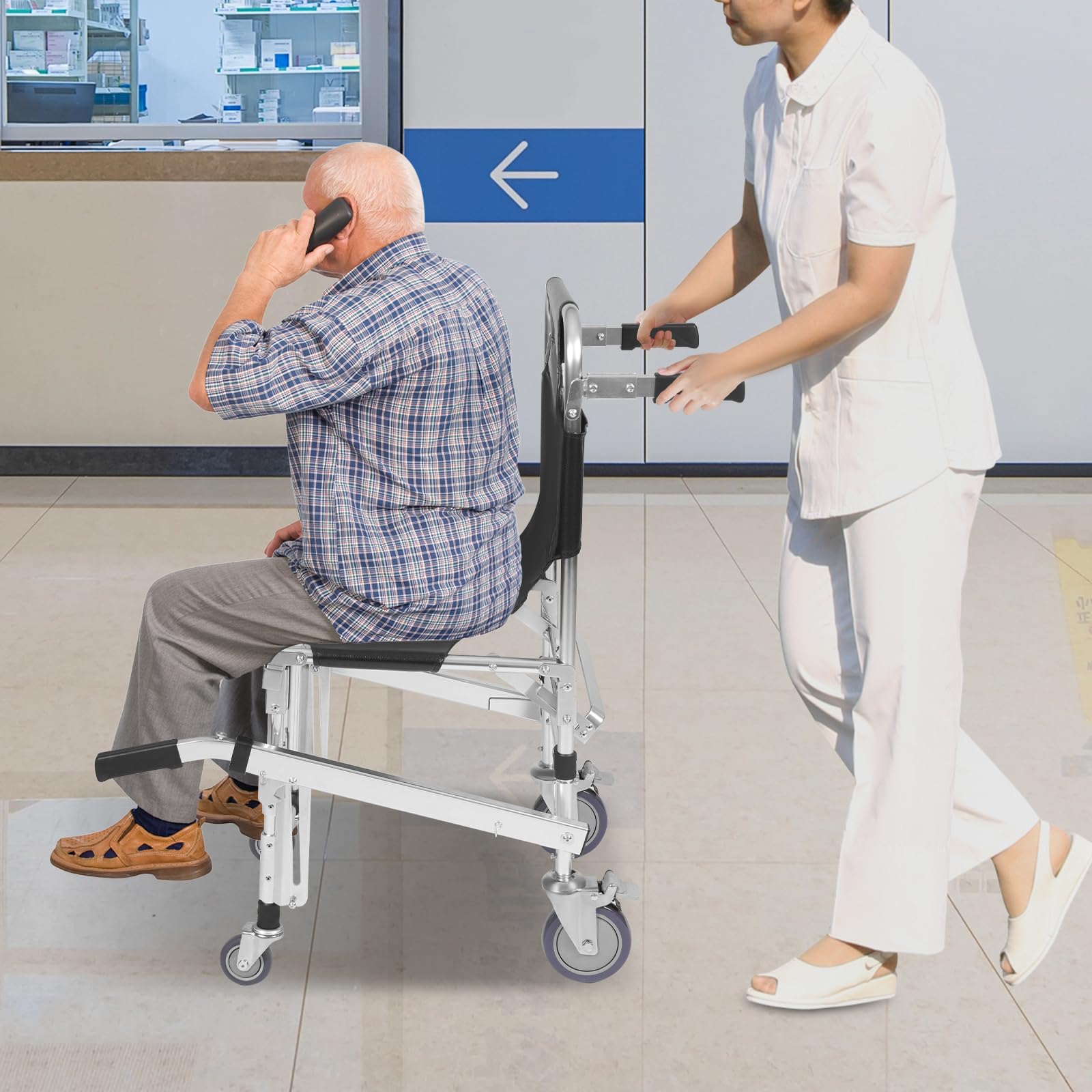 Sedia a rotelle di emergenza, portata 160 kg, leggera in alluminio, con funzione di trasporto, pieghevole, con ruote di bloccaggio, per ospedale, casa di cura e servizio di soccorso