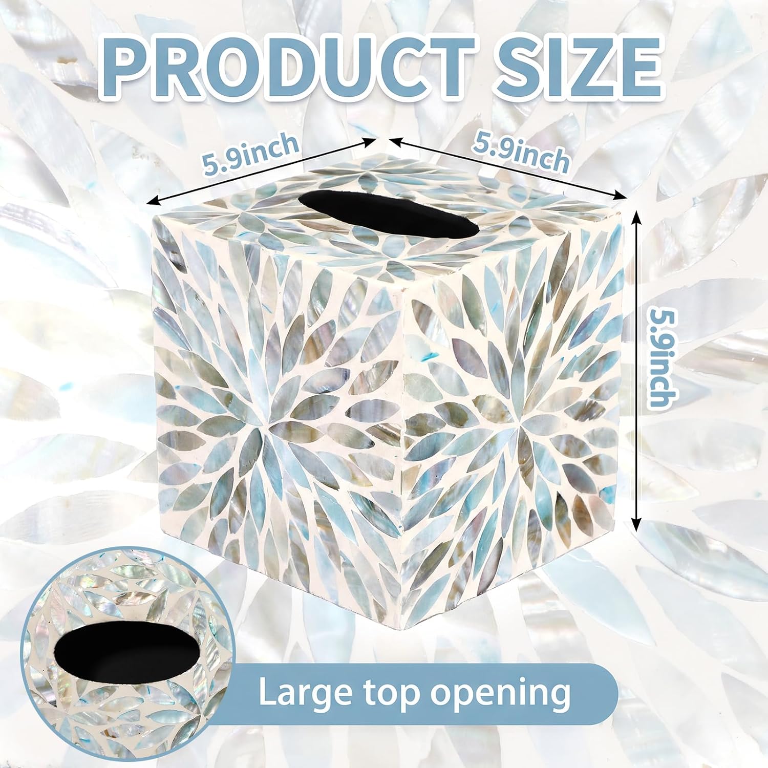 5.9 Inch Cube Mother of Pearl Tissue Box Cover Ceramic Decorative Tissue Box Holder, Square Napkin Holder Rustic Napkin Dispenser Organizer for Table Bathroom Office(Ivory Teal Floral)