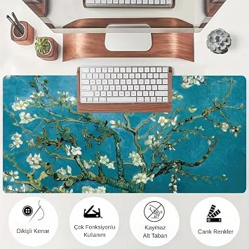McStorey Van Gogh Desenli Büyük Masa Pedi 90x40 cm 3 mm Kaymaz Tabanlı Desk Mat Kumaş Mouse Pad Klavye ve Mouse İçin Geniş Yüzey Ev Ofis Gaming Açık Yeşil