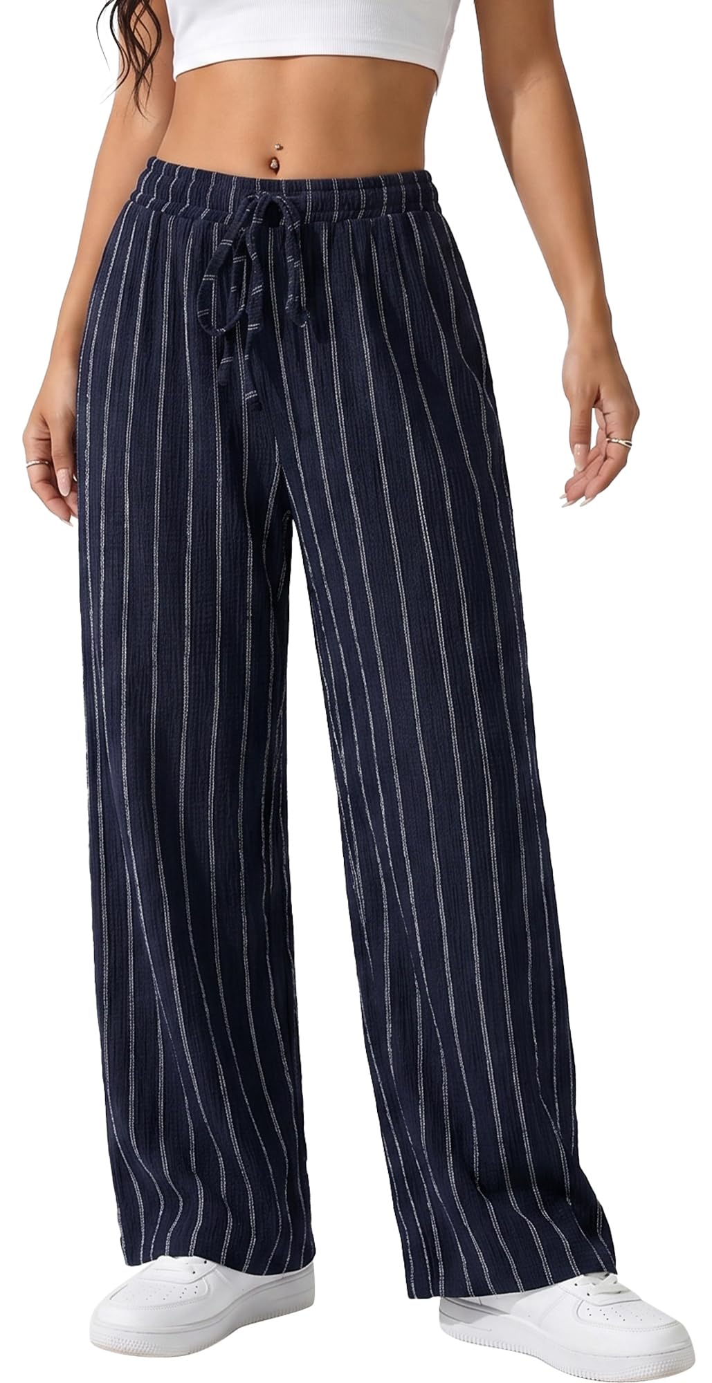 FEOYA Damen Palazzo Hose High Waist Elastischer Weites Bein Stoffhose