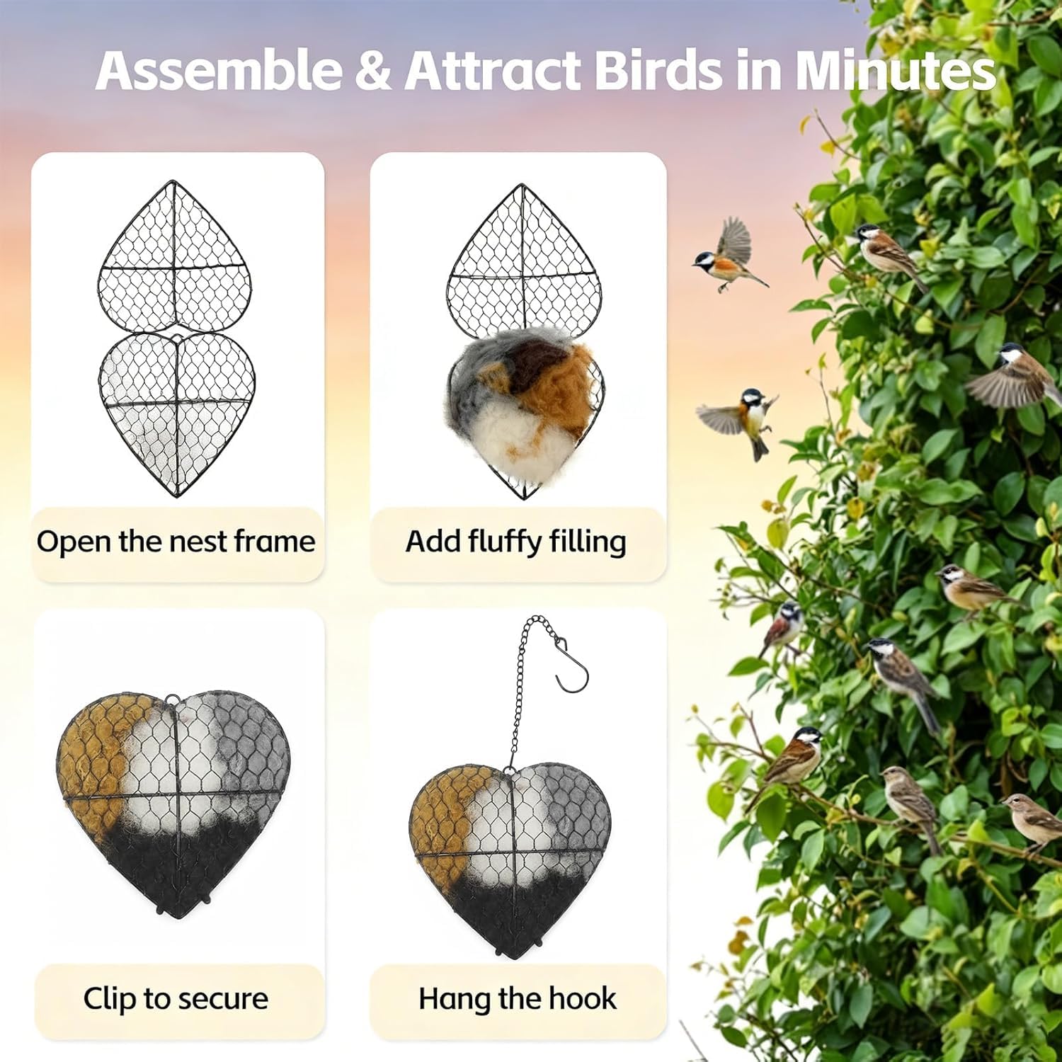Handmade Fiber Bird Nesting Heart, Nesting Material for Wild Bird, Refillable Nesting Accessories, Hummingbird Nest/House, Outdoor Garden Decortion, Gifts for Bird/Nature Lovers (one pcs) — view 7