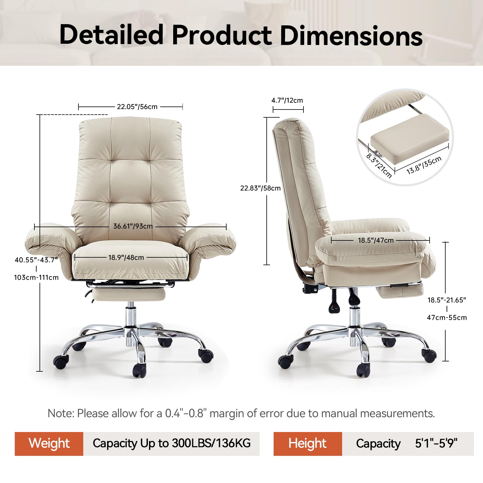 EMIAH Silla de Oficina Ergonómica con Reposabrazos Abatibles,Cuero PU,Beige | Silla de Escritorio Ejecutiva Reclinable con Reposapiés, Sillón de Ordenador, Cómoda Silla de Ordenador Tocador con Ruedas