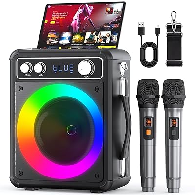 Karaoke Machine,Portable Bluetooth Speaker with 2 Wireless Microphone for Adults & Kids with LED Lights, Karaoke Microphone with PA System Supports USB/TF/AUX,Gift for Party (Black)