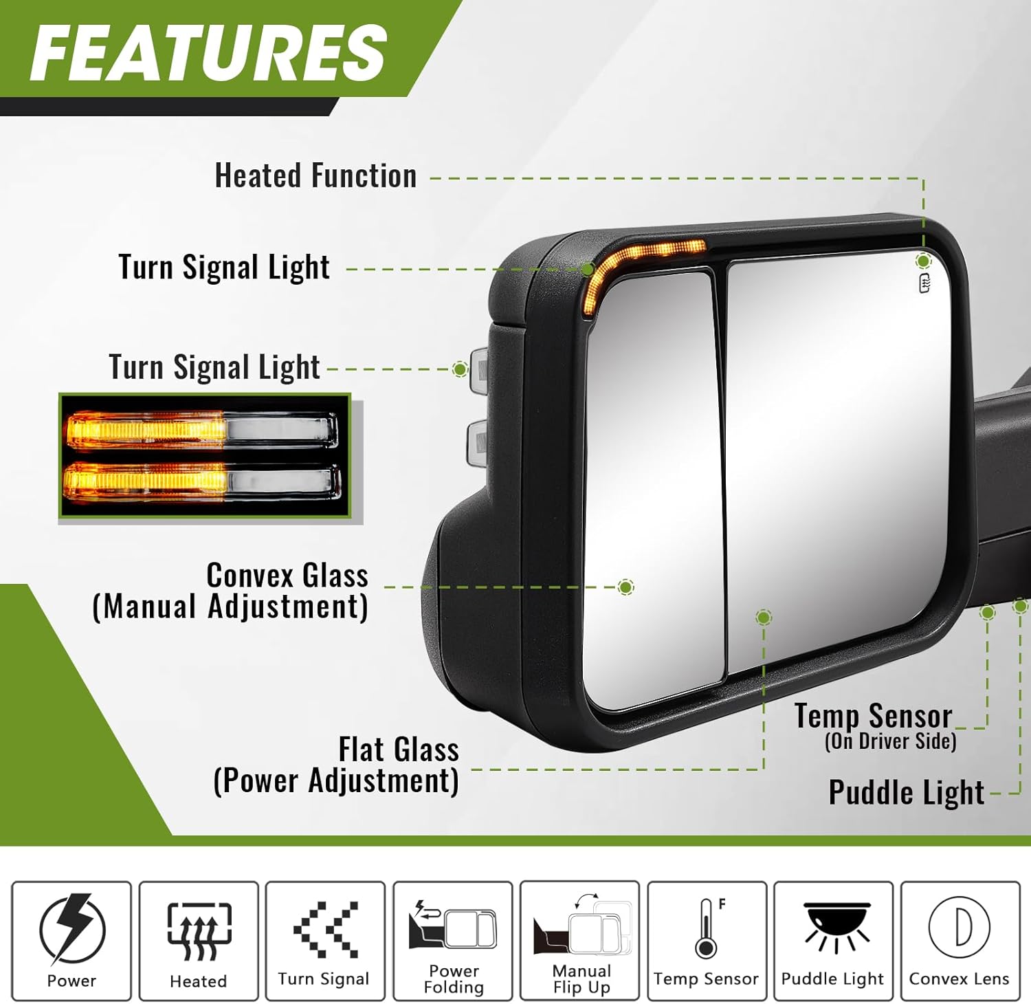 Power Folding Tow Mirrors for Ram 1500(2009-2018), 2500 3500(2010-2018), Ram Classic(2019-2024) with Power Heated Blinker Puddle Light Manual Flip Up-Pair