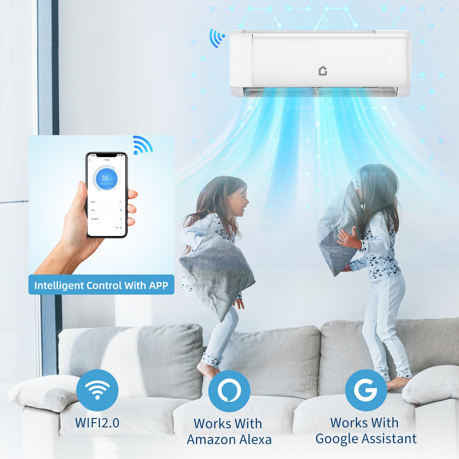 9000 BTU Mini Split Air Conditioner, 18.5 SEER2 208-230V Split Unit Ac and Heat Cool Up to 450 Sq.Ft, Ductless Air Conditioner w/Complete Installation Kit,Remote,2.0 Wifi Control,Low Noise - Additional View