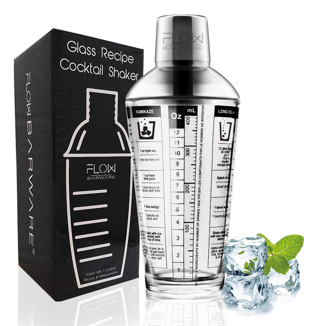 Buy FLOW Barware Glass Cocktail Shaker with Recipes On Side Glass