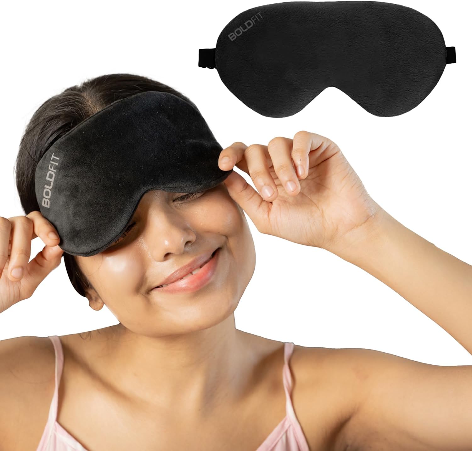 Boldfit Eye Mask for Sleeping with Adjustable Strap Super Soft Sleeping Mask Blind Fold for Comfortable Sleep Travelling Sleep Mask Pad for Girls Sleeping Eye Mask Blind Folds for Sleeping - Black