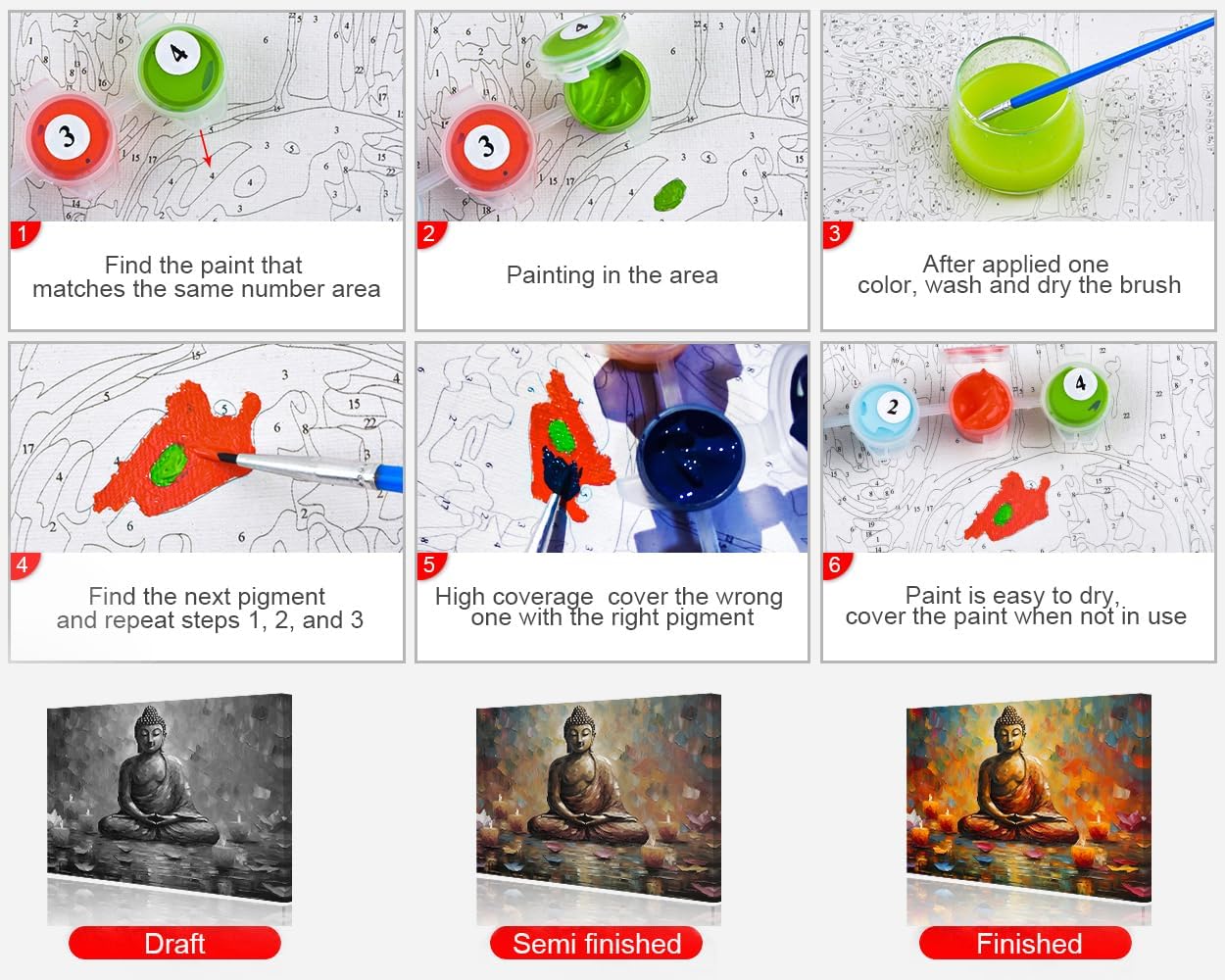 TUMOVO Buddha DIY Paint by Number Colourful Abstract Paint by Numbers for Adults Kids Beginner Paint by Numbers on Canvas Statue with Lotus Flower and Candle Ornament Oil Painting Kits 16"x20"Framed