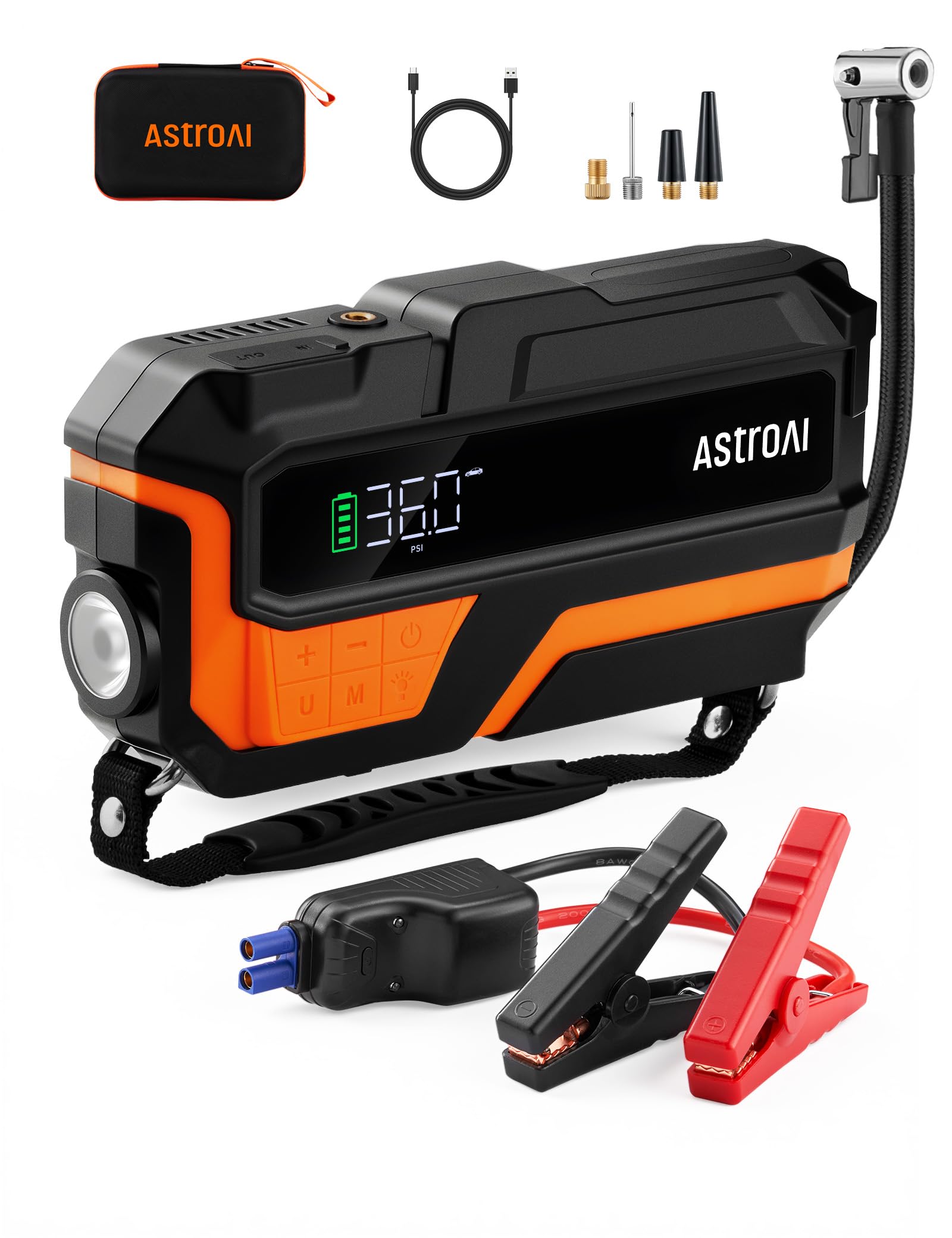 AstroAI Booster Batterie Voiture 6000A Démarreur avec Compresseur à Air | 150PSI 12V 10L Essence/8 L Diesel, Ecran LED Pinces de Sécurité Facilité d'Utilisation Compact pour Voitures Motos SUV Orange