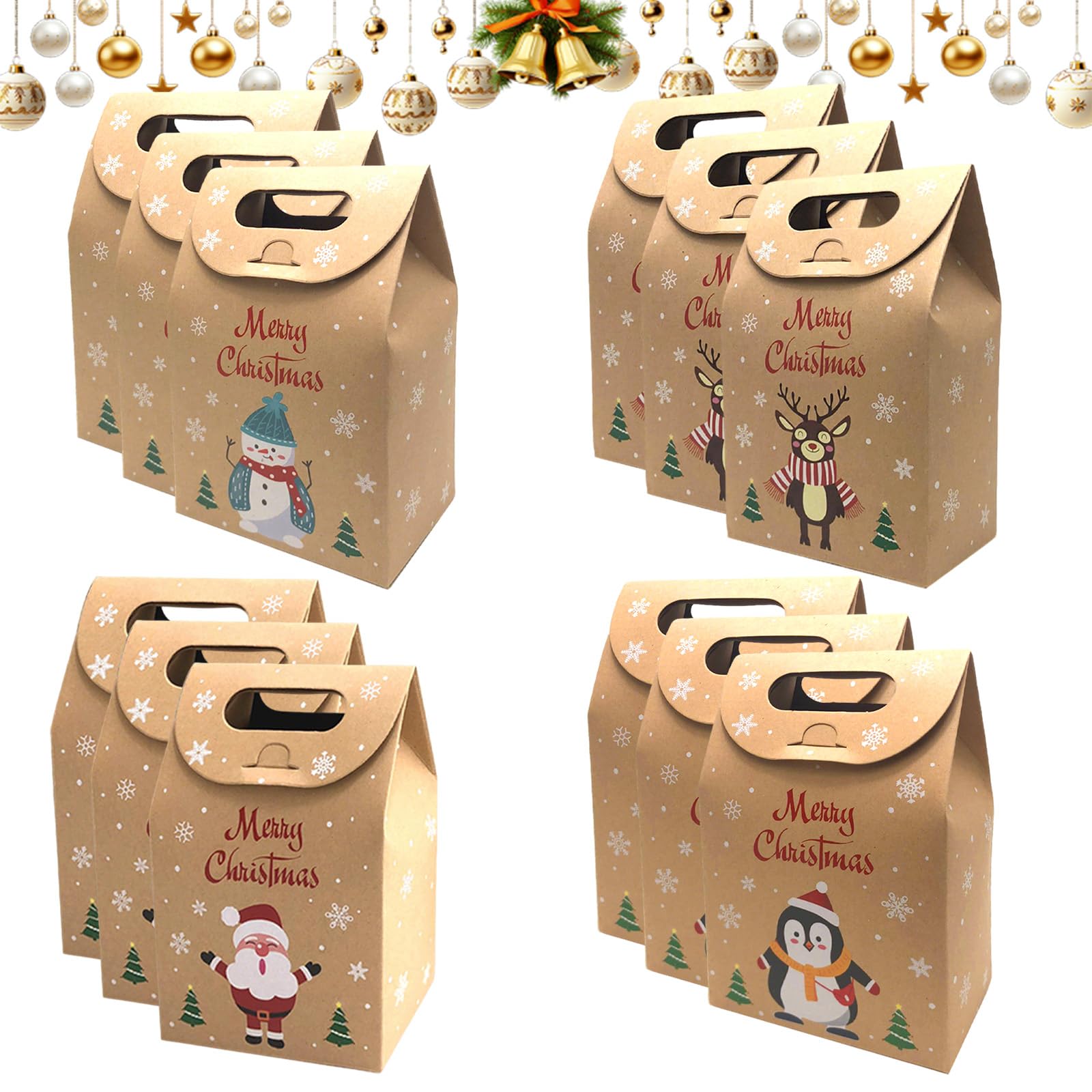 GUOYOU 12 Stück Weihnachts Kraft Geschenktaschen Wiederverwendbar Papiertüten Weihnachten Geschenktüten Weihnachten weihnachtsverpackung für Süßigkeiten, Karton Geschenkverpackung, Partytasche