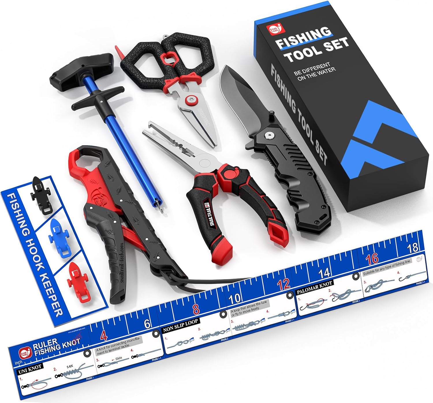 SNAIL TRAIL 7pc Fishing Tool Kit - 17" Pocket Fish Ruler & Knot Tying Guide, Split Ring Pliers, Braid Scissors & Bait Knife. Fish Lip Gripper, Hook Remover and Hook Keeper. Fisherman Gifts