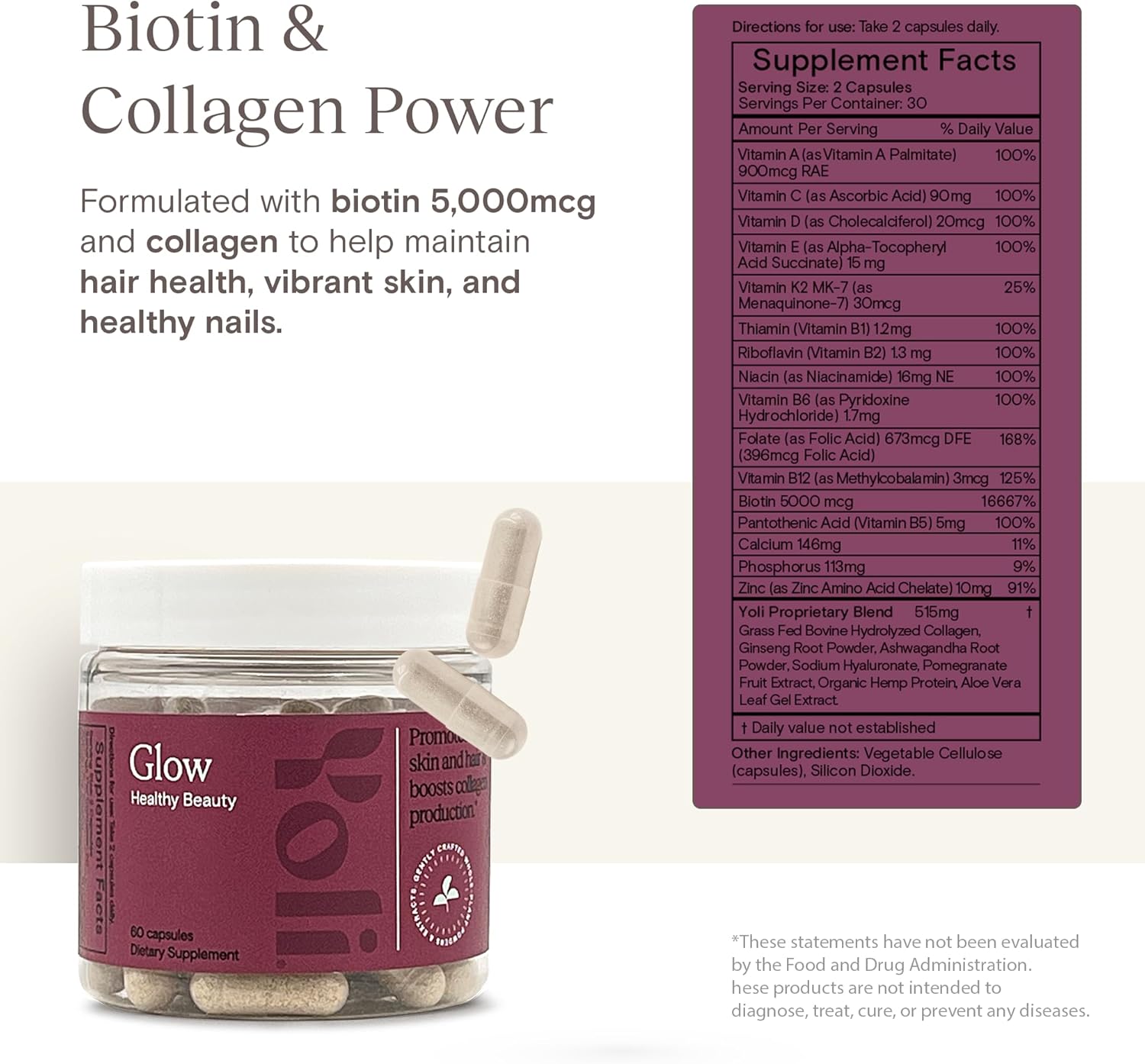 Yoli Glow Biotin & Collagen Supplements – Hair, Skin & Nails Formula – Daily Multivitamin for Women with Essential Vitamins & Minerals – 60 Capsules
