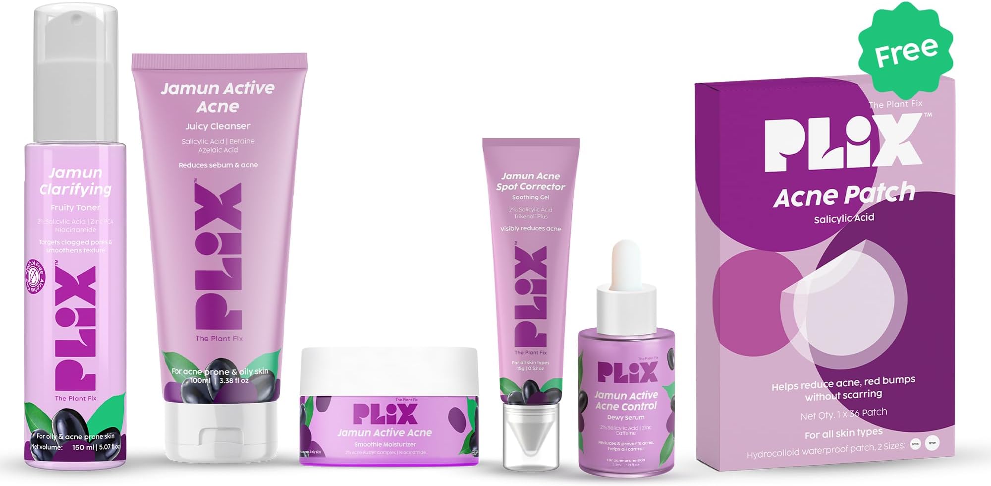 PLIX - THE PLANT FIX The Plan Fix | Jamun Active Acne Regime For Unisex, 2% Salicylic Acid Toner, Serum, Facewash, Moisturizer, & Gel With Free Acne Patch