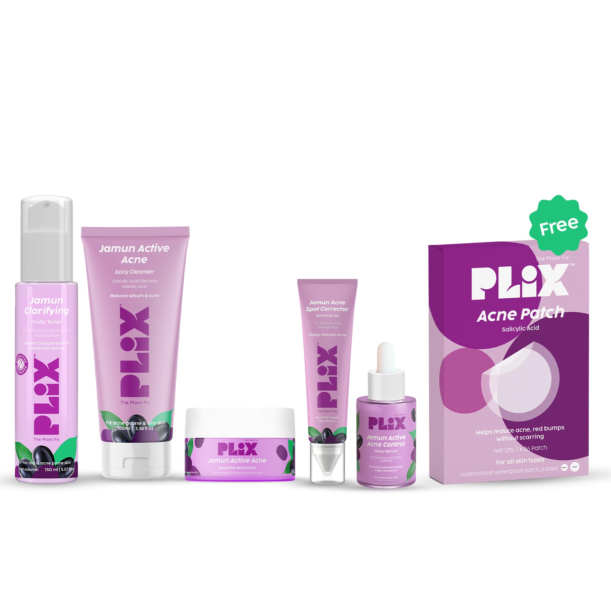 The Plan Fix | Jamun Active Acne Regime For Unisex, 2% Salicylic Acid Toner, Serum, Facewash, Moisturizer, & Gel With Free Acne Patch