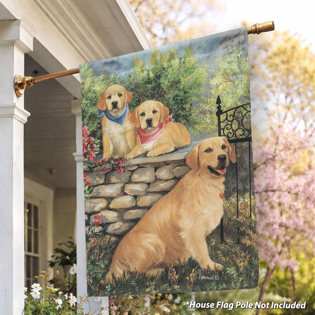 Flagology, Golden Retrievers at the Gate Spring House Flag 28” x 40”, Precious Pets Paintings, Outdoor Spring Decor, Decorative Dog Lover Flag