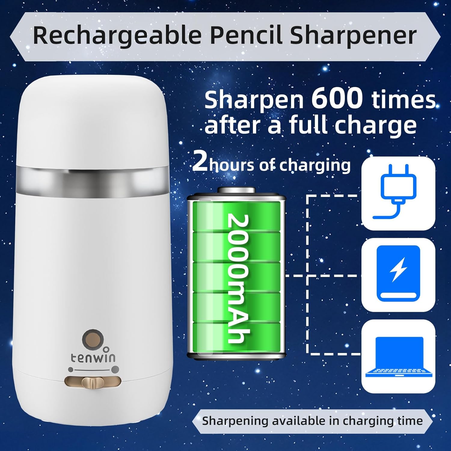 Fully Automatic Electric Pencil Sharpener for 7-12mm Pencils, Auto in&Eject, 3 Selectable Adjustable Pencil Nibs with Breathing Light (White)