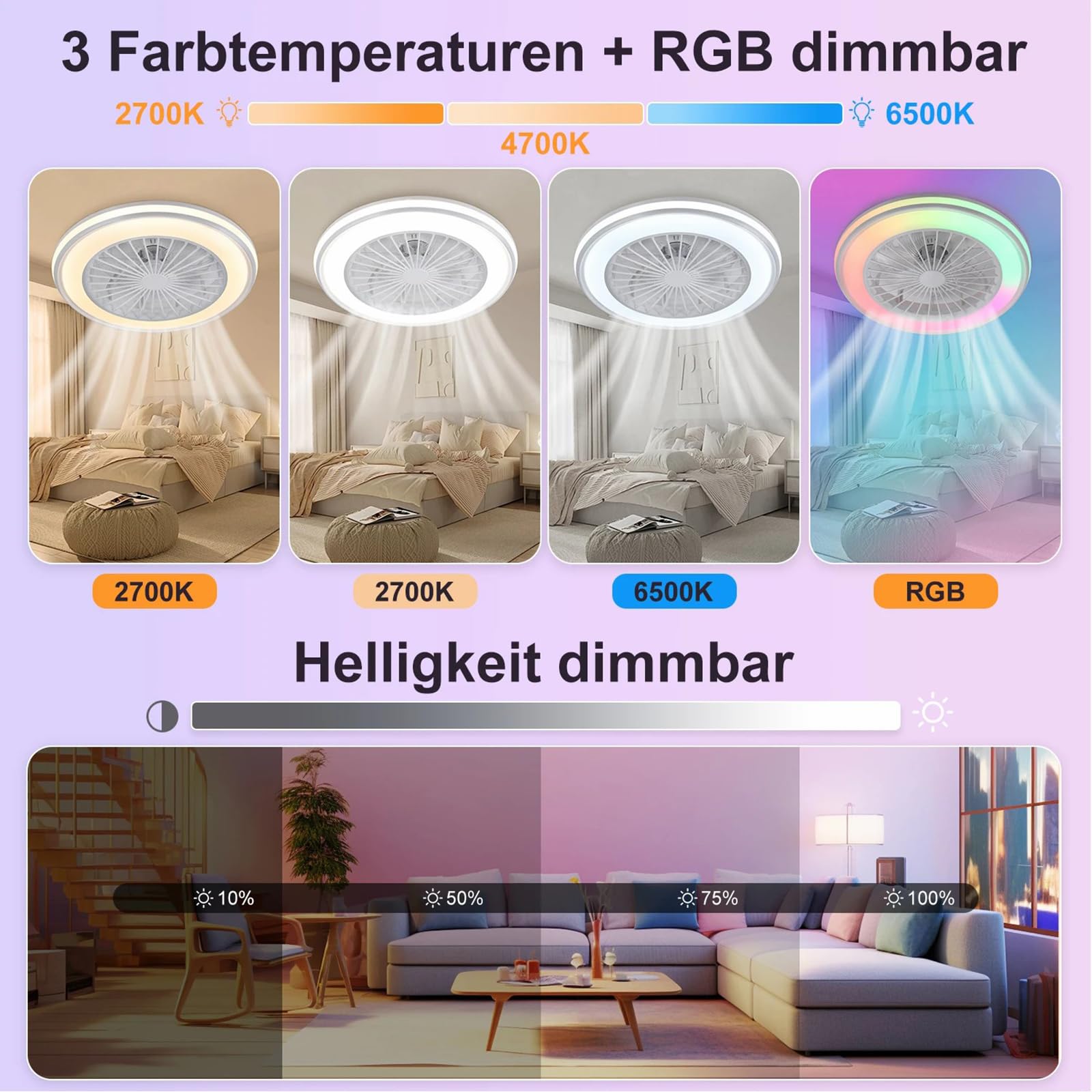 Ø50CM RGB Lampada Ventilatore Soffitto con Telecomando per Soggiorno | LED Lampadario Ventilatore con Altoparlante Bluetooth 6 Velocità Reversibile Dimmerabile Timer APP per Camera da Letto