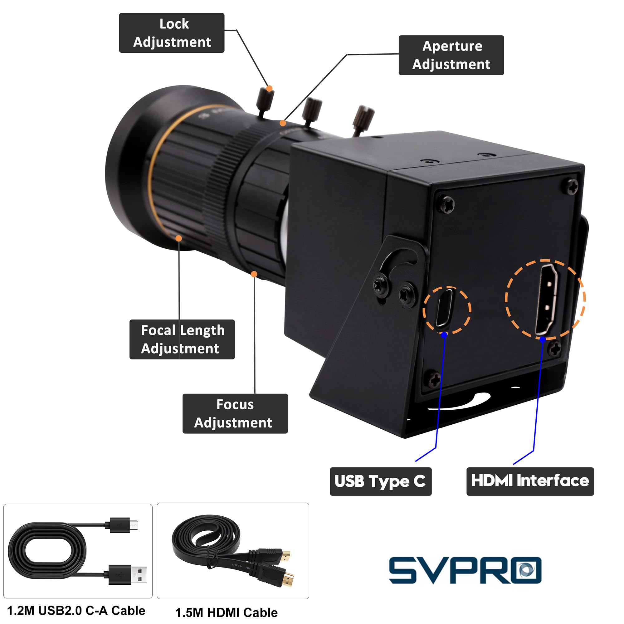 SVPRO Telecamera USB HDMI 4K con teleobiettivo da 5-50 mm, zoom ottico 10x, messa a fuoco manuale, webcam H.264 industriale, microscopio per visione computerizzata, per PC, monitor, TV, proiettore