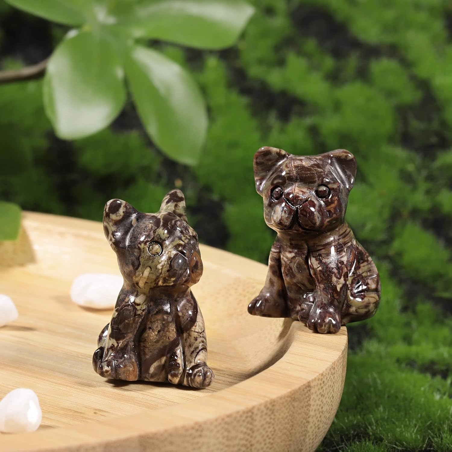Nupuyai Pack of 2 Mini Rose Quartz Crystal Dog Statue Hand-Carved Pocket Stone Animal Sculpture Figurine Decor for Home Office Desktop, Crazy Lace Agate