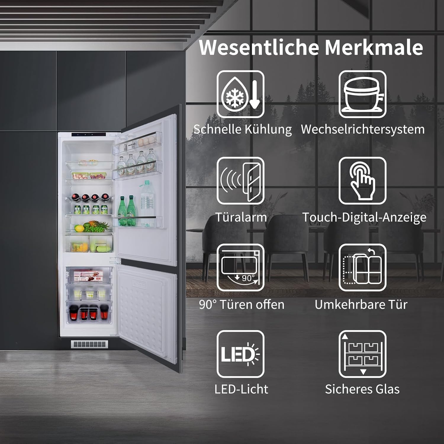 Einbaukühlschrank mit Gefrierfach 177 cm x 54 cm No Frost Plus 248L 186L/62L Energieeffizient Leise Türs Wechselbar